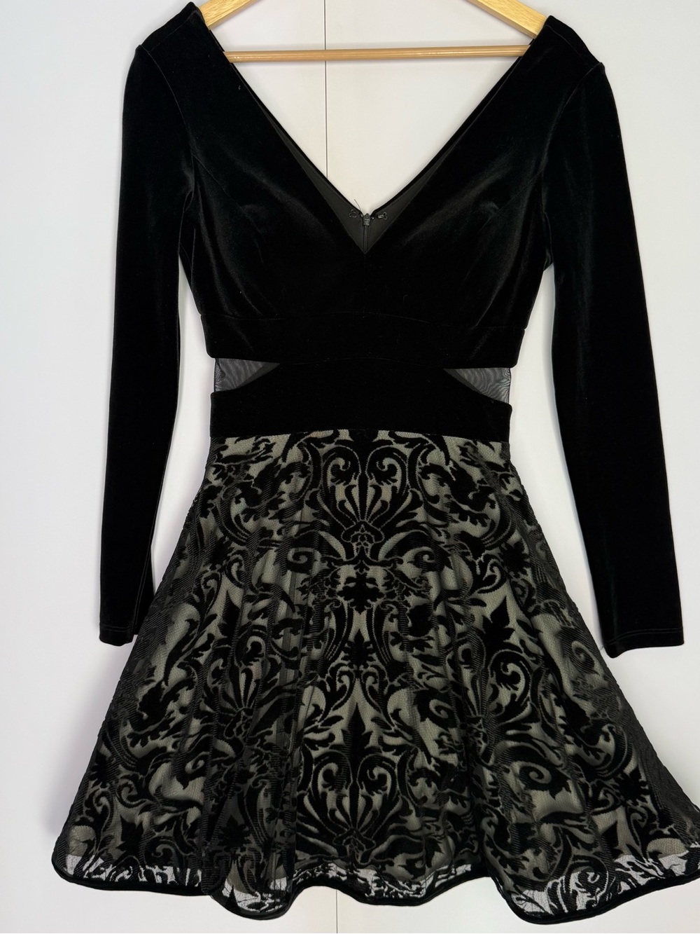 Xscape Black Velvet Long-Sleeve Fit & Flare Dress with Burnout Skirt